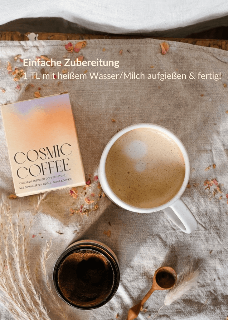 Cosmic Coffee im Glas Zubereitung - Gesunde Kaffeealternative ohne Koffein, glutenfrei, bio, vegan mit Ayurveda Gewürzen