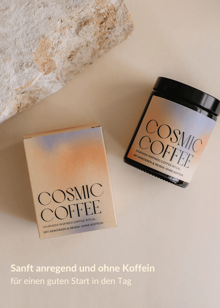 Cosmic Coffee Verpackung und Glas - Gesunde Kaffeealternative ohne Koffein, glutenfrei, bio, vegan mit Ayurveda Gewürzen